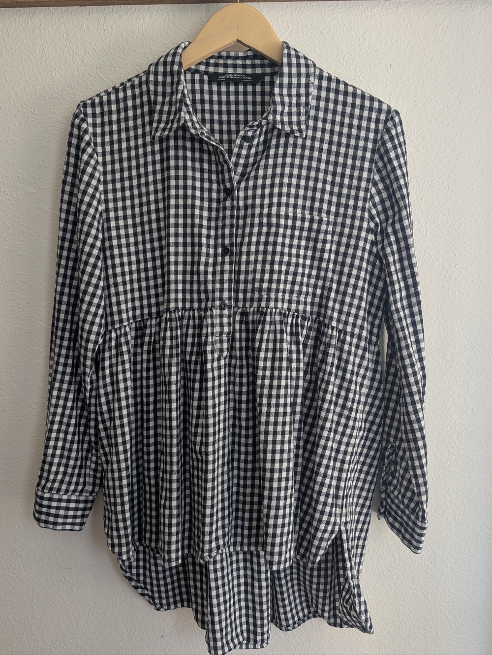 Zara Premium Denim Collection Black And White Gingham Popover Tunic Shirt